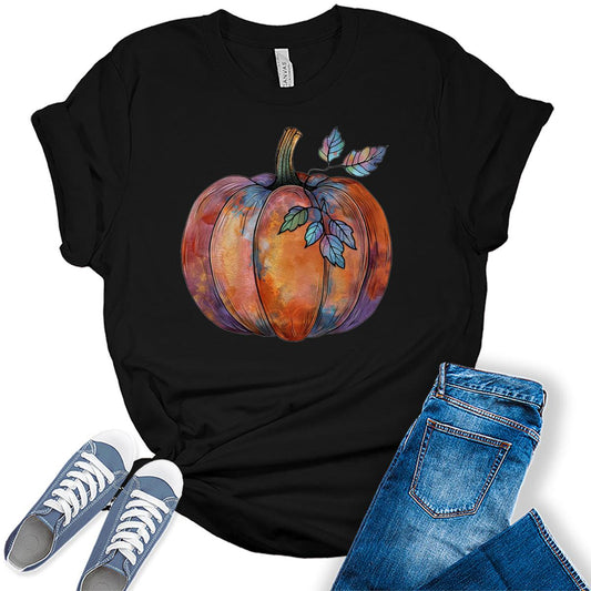 Halloween Pumpkin Shirt Women's Graphic Tees Funny Cute Short Sleeve Fall Shirt Thanksgiving Gift Tops