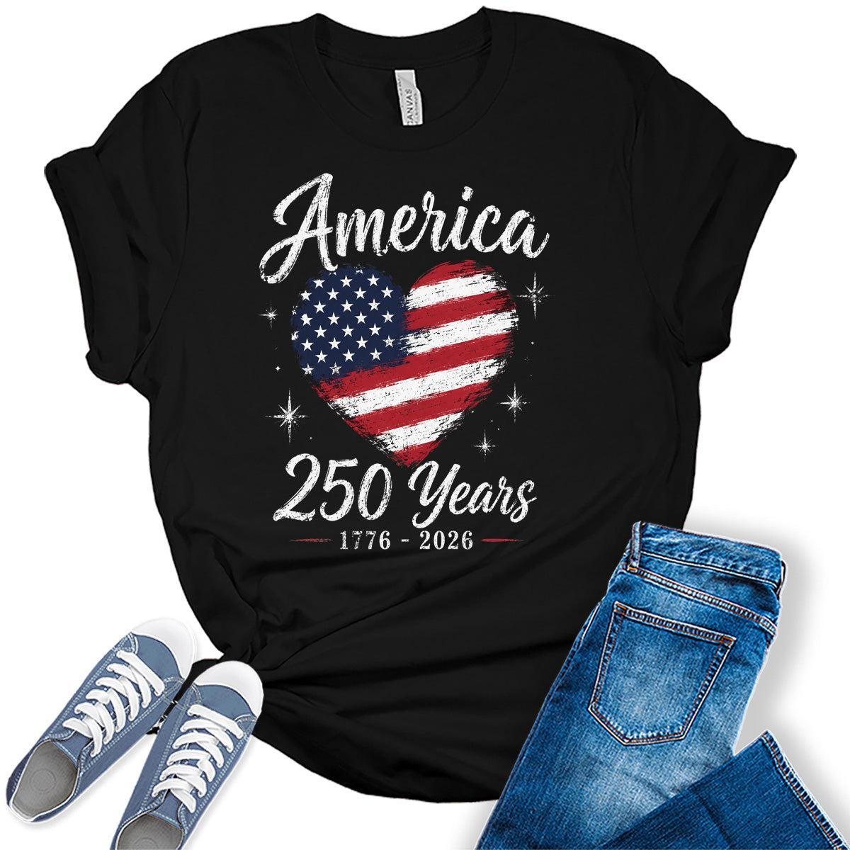 Women's 250th Anniversary USA Merchandise American Heart Shirt 4th of July Vintage Patriotic Graphic Tees