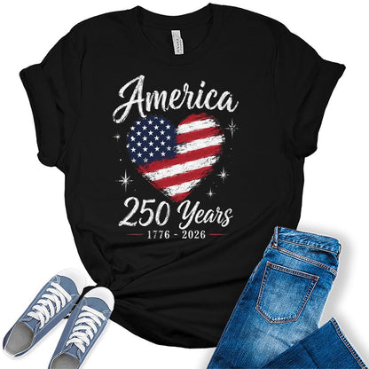 Women's 250th Anniversary USA Merchandise American Heart Shirt 4th of July Vintage Patriotic Graphic Tees