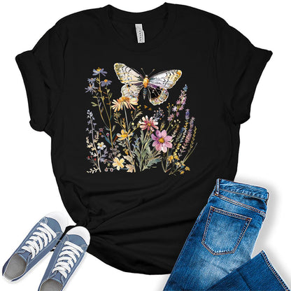 Women's Vintage Floral T Shirt Boho Wildflower Butterfly Graphic Plus Size Bella Tees Short Sleeve Casual Tops
