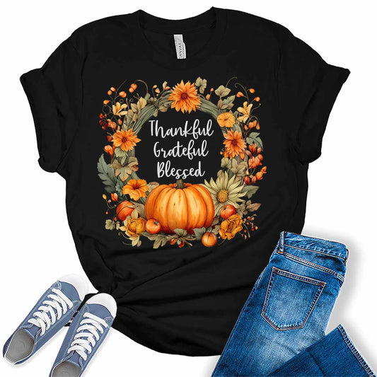 Womens Thanksgiving Shirt Fall Graphic Tees Cute Thankful Grateful Blessed Tshirt Vintage Floral Short Sleeve Tops