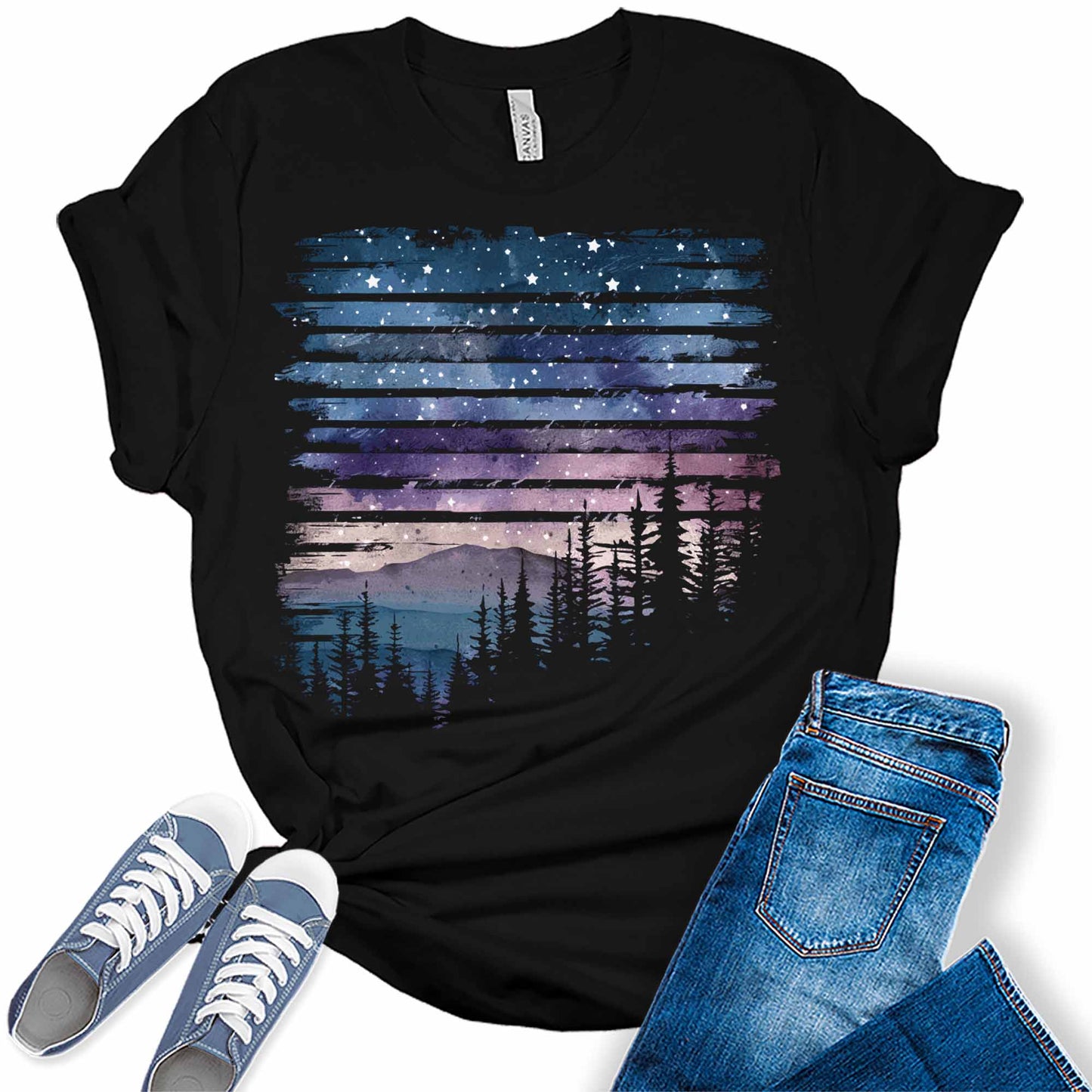 Women's Horizontal Stripes Camping Night Sky Forest Graphic Tees