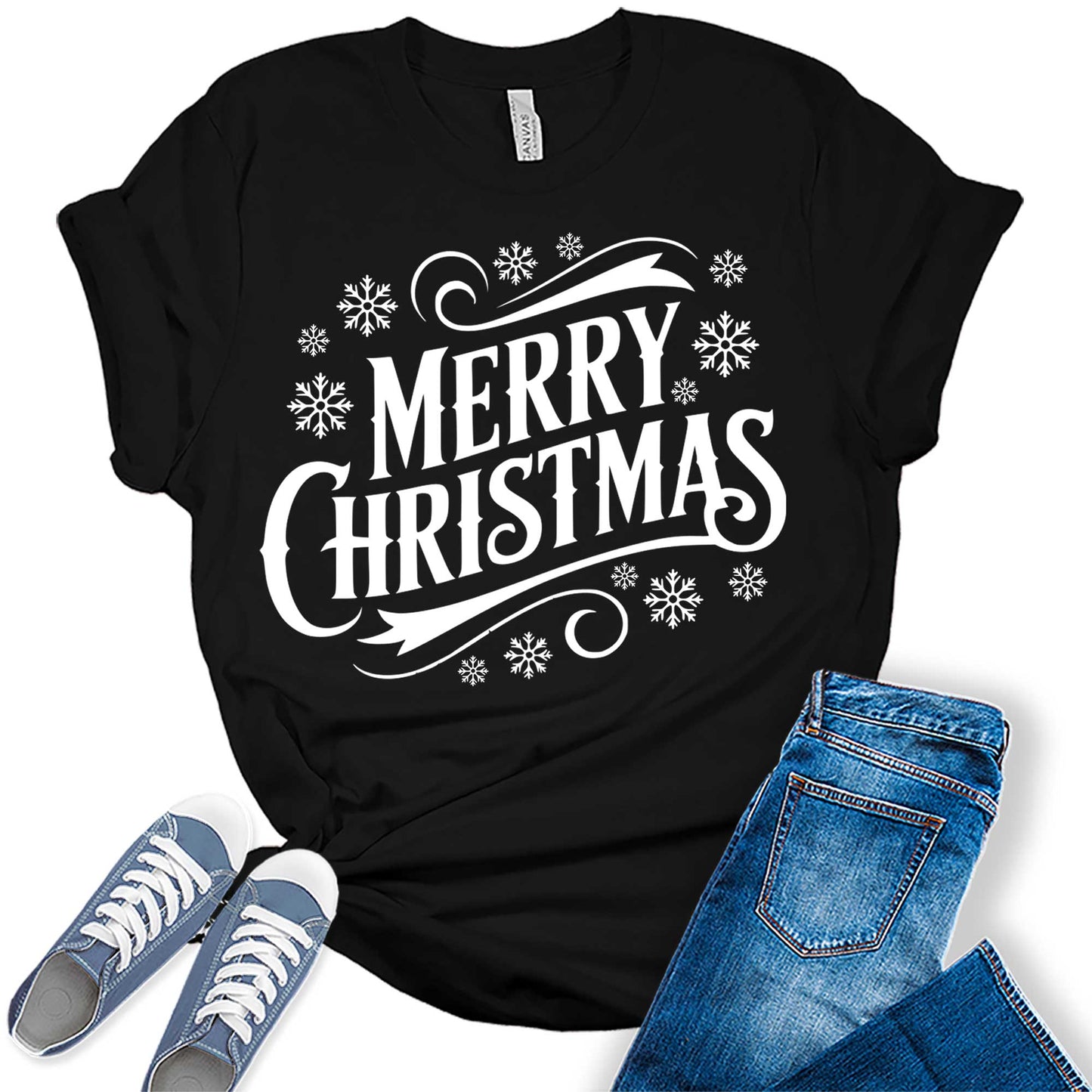 Christmas Shirts For Women Merry Christmas Vintage Letter Print Snowflakes Graphic Tees