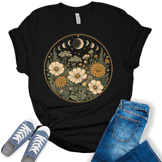 Women's Graphic Tee Fall Moon Phase Wildflower Vintage Cottagecore Shirt