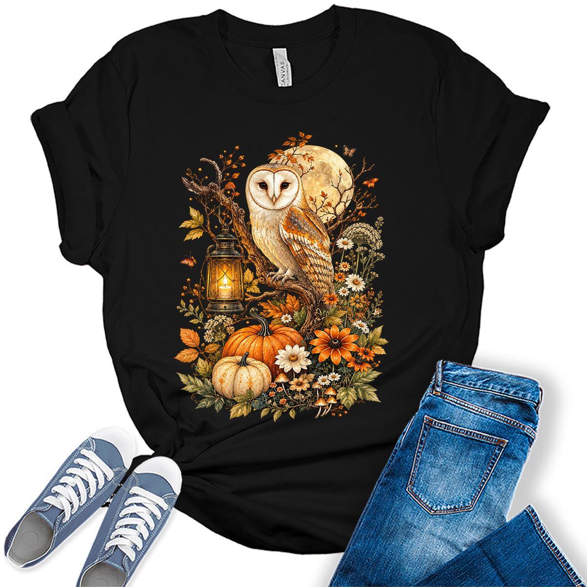 Women's Halloween Shirt Owl Moon Graphic Tees Short Sleeve Bella Fall Tops