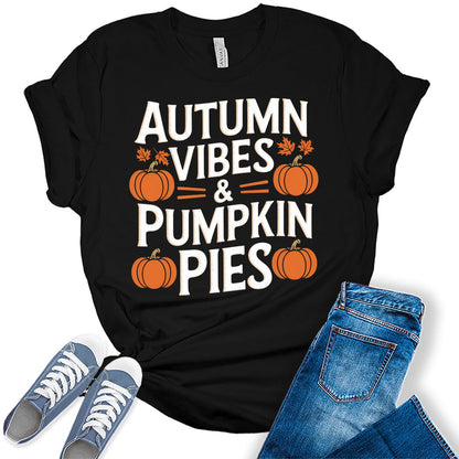 Women's Autumn Vibes Pumpkin Shirt Vintage Thanksgiving Graphic Tees Fall Tops