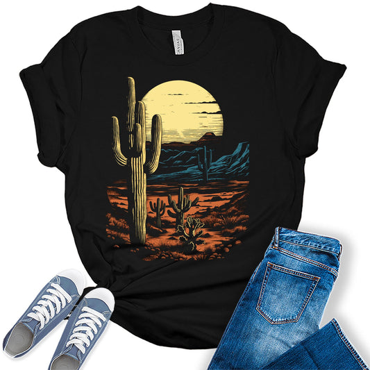 Western Shirts for Women Desert Night Cactus T Shirts Country Concert Tops Plus Size Graphic Tees