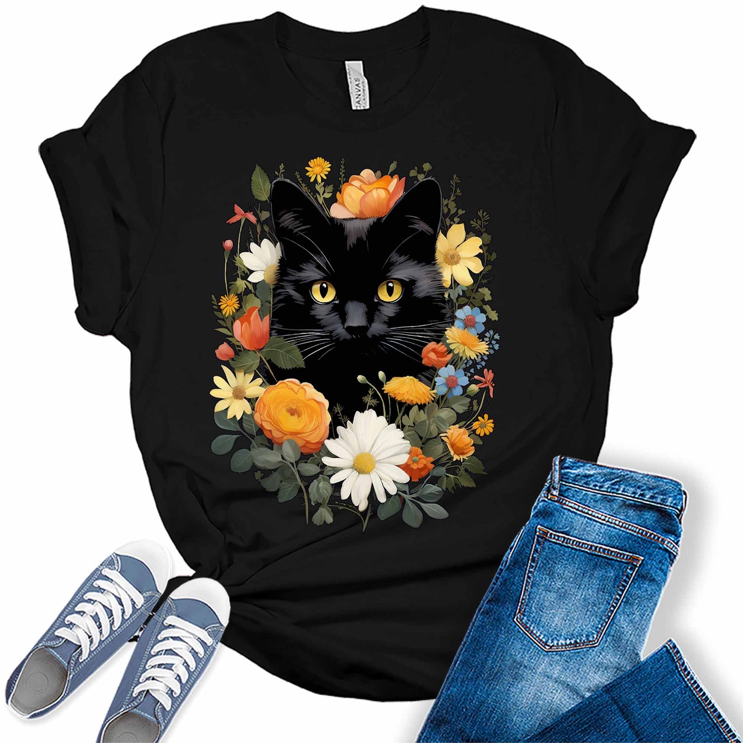 Wild Black Cat Flowers Graphic Tees for Women