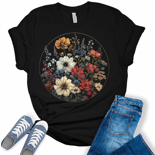 Trendy Wildflowers Moon Graphic Tees for Women