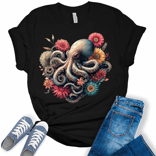 Womens Floral Kraken Octopus Trendy Summer Graphic Tees