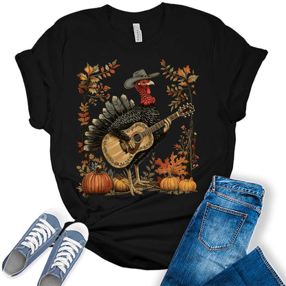 Turkey Playing Guitar Shirt Women Thanksgiving Graphic Tees