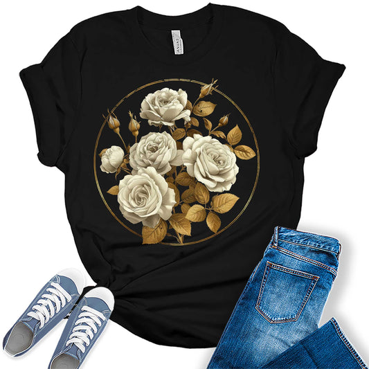 Vintage Roses Floral Circle Graphic Tees for Women