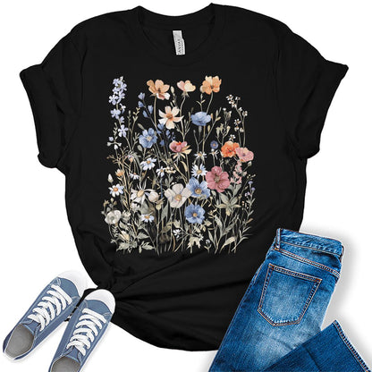 Women's Vintage Floral T Shirt Boho Wildflower Graphic Short Sleeve Tops