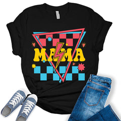 Retro Mama Groovy Checkered Print Lightning Bolt Funny T-Shirt