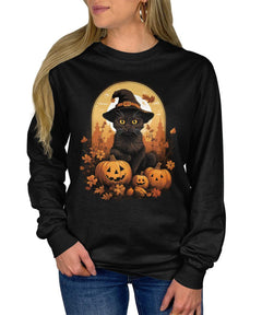 Cute Black Cat Floral Halloween Pumpkins Fall Long Sleeve T-Shirt