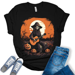 Scarecrow Playing Guitar Funny Halloween Jack-o-lantern Womens T-Shirt