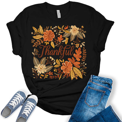 Thankful Floral Fall Graphic Tees for Women