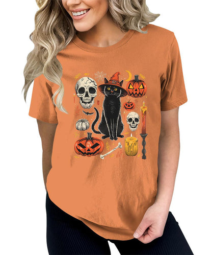 Scary Halloween Witch Cat Pumpkin Graphic Tees For Women