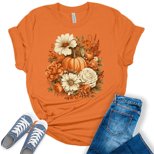 Women's Fall Pumpkin Shirt Cottagecore Autumn Floral Graphic Tees Short Sleeve Plus Size Tops