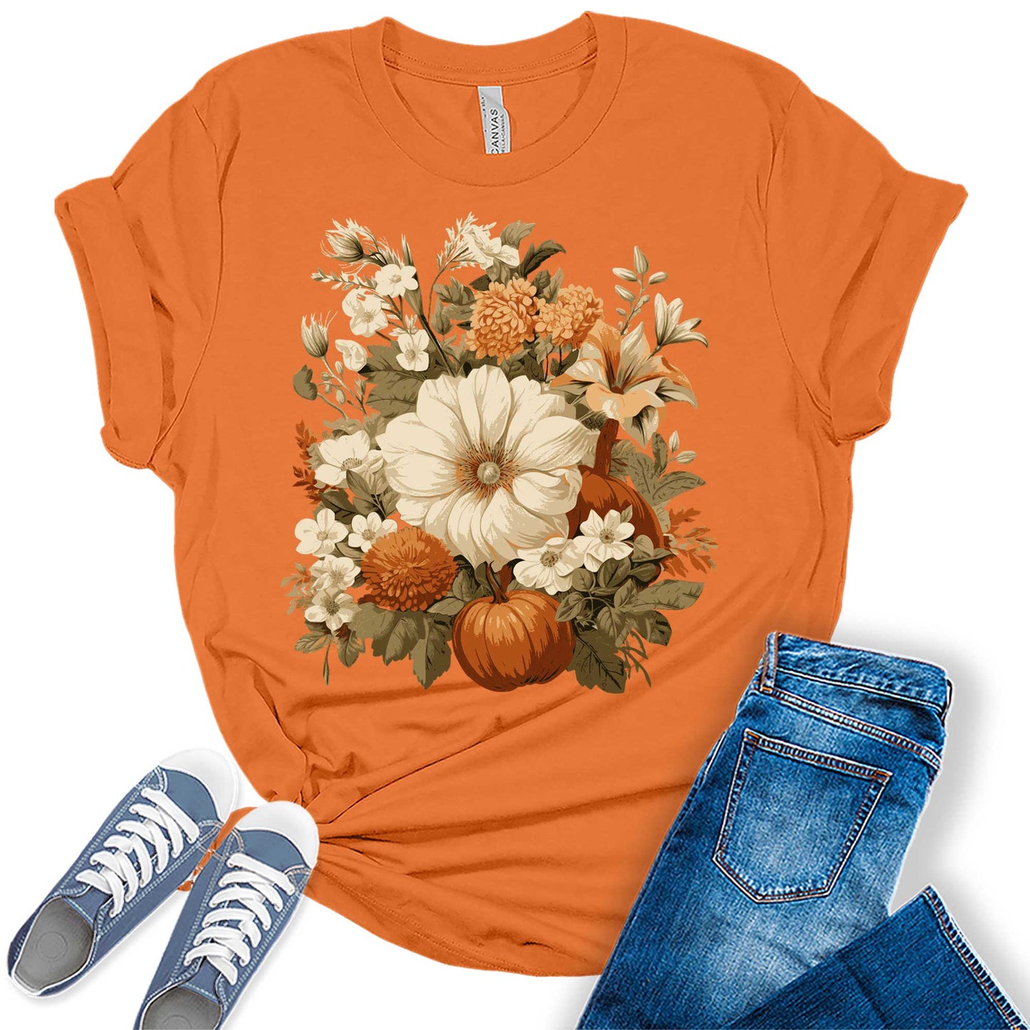 Women's Fall Floral Pumpkin Autumn Trendy Thanksgiving Graphic Tees