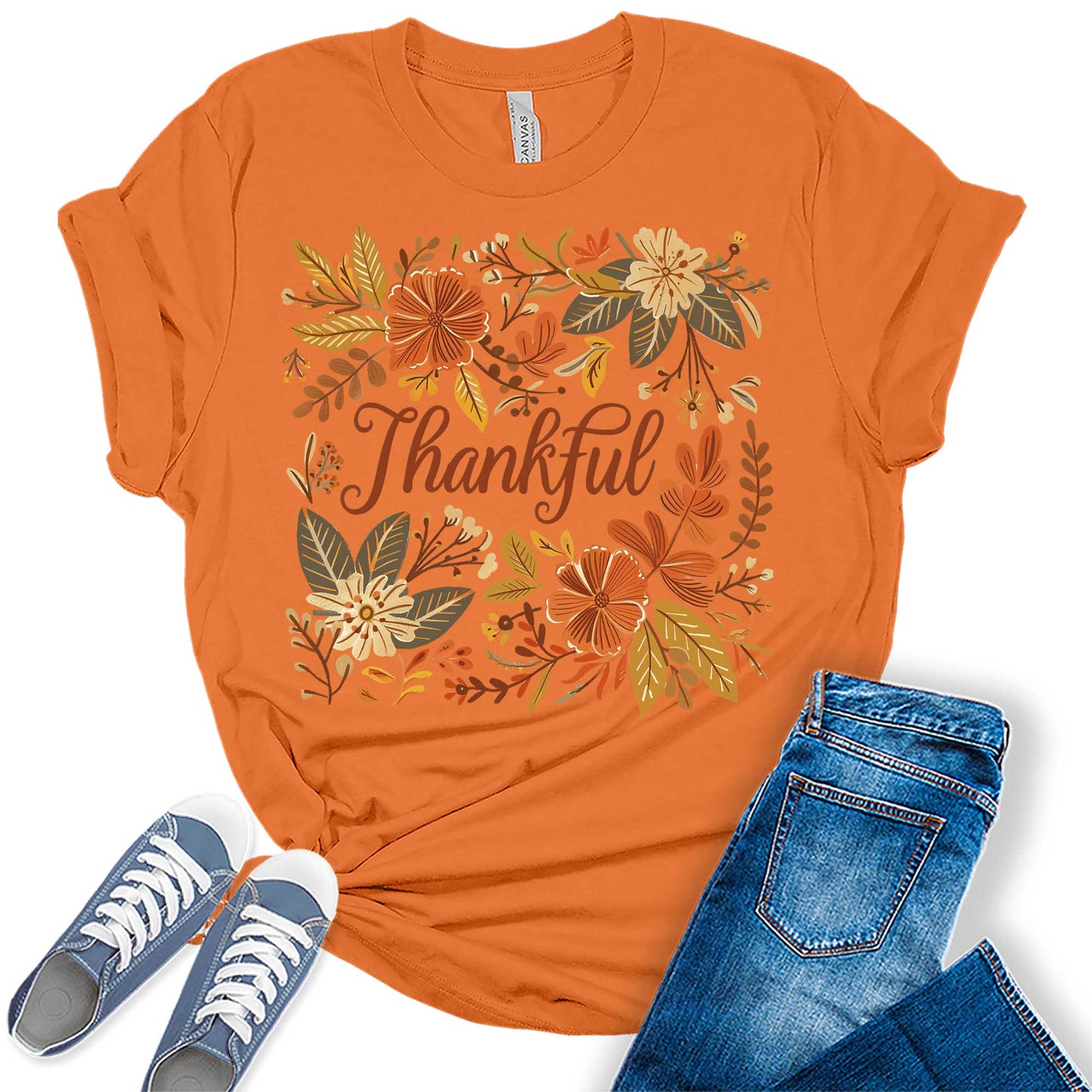 Thankful Floral Fall Graphic Tees for Women