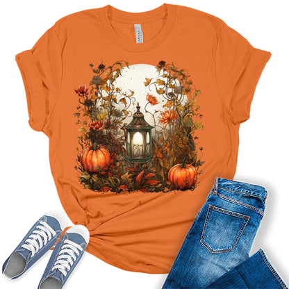 Moon Lantern Fall Floral Pumpkin Graphic Tees for Women