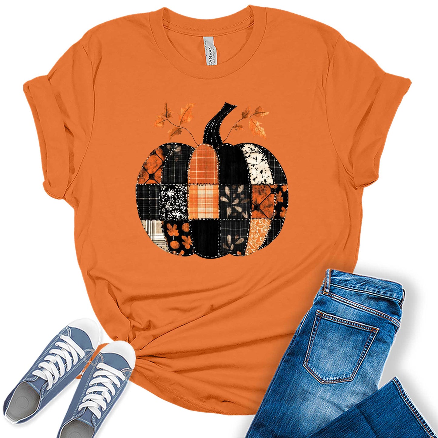 Women's Buffalo Plaid Patched Pumpkin Fall Graphic Tees