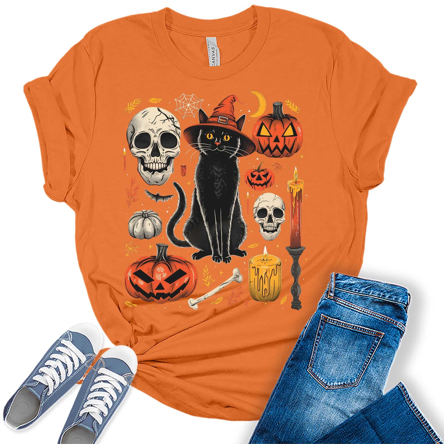 Scary Halloween Witch Cat Pumpkin Graphic Tees For Women