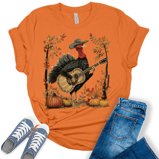 Turkey Playing Guitar Shirt Women Thanksgiving Graphic Tees