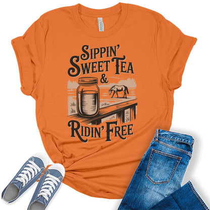 Western Outfit For Women Cowgirl Shirts Rodeo Sweet Tea Graphic Tees Bella Plus Sized Tops