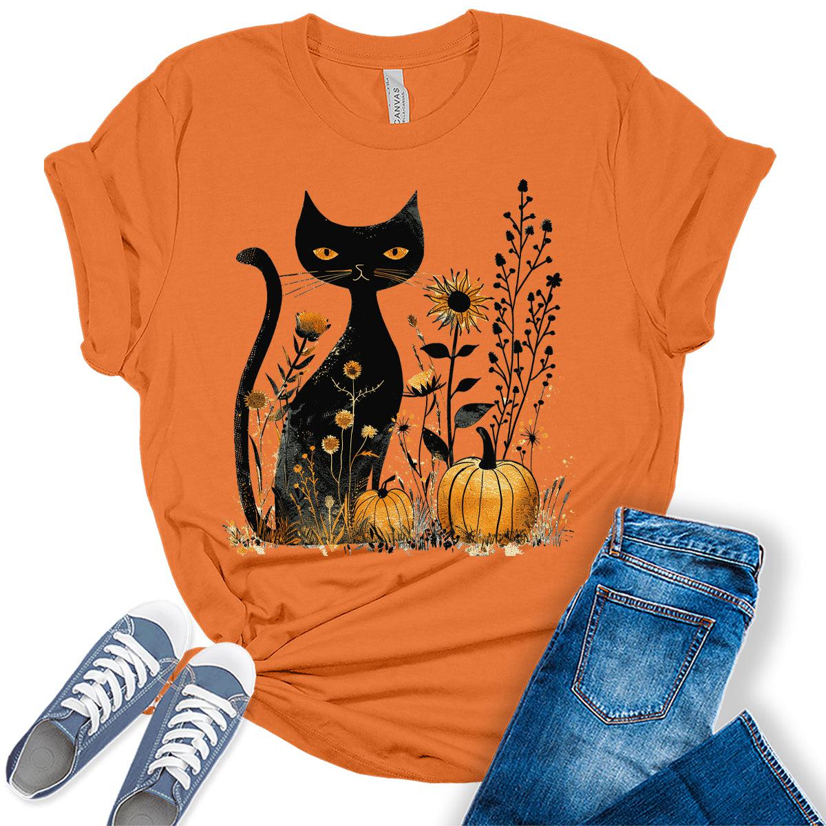 Cat Pumpkin Shirt Boho Halloween Short Sleeve Fall Plus Size Tops For Women