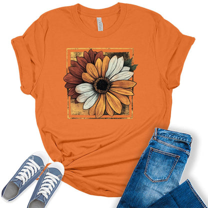 Women's Vintage Sunflower Shirt Fall Graphic Tees Funny Cute Short Sleeve Floral Tops