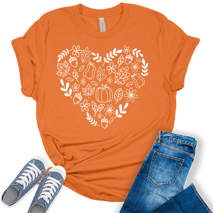 Fall Heart T-Shirt for Women Family Halloween Thanksgiving Tops Cute Autumn Pumpkin Graphic Tees