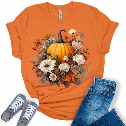 Womens Fall Graphic Tees Pumpkin Shirts Halloween Tshirts Cute Short Sleeve Thanksgiving Clothes