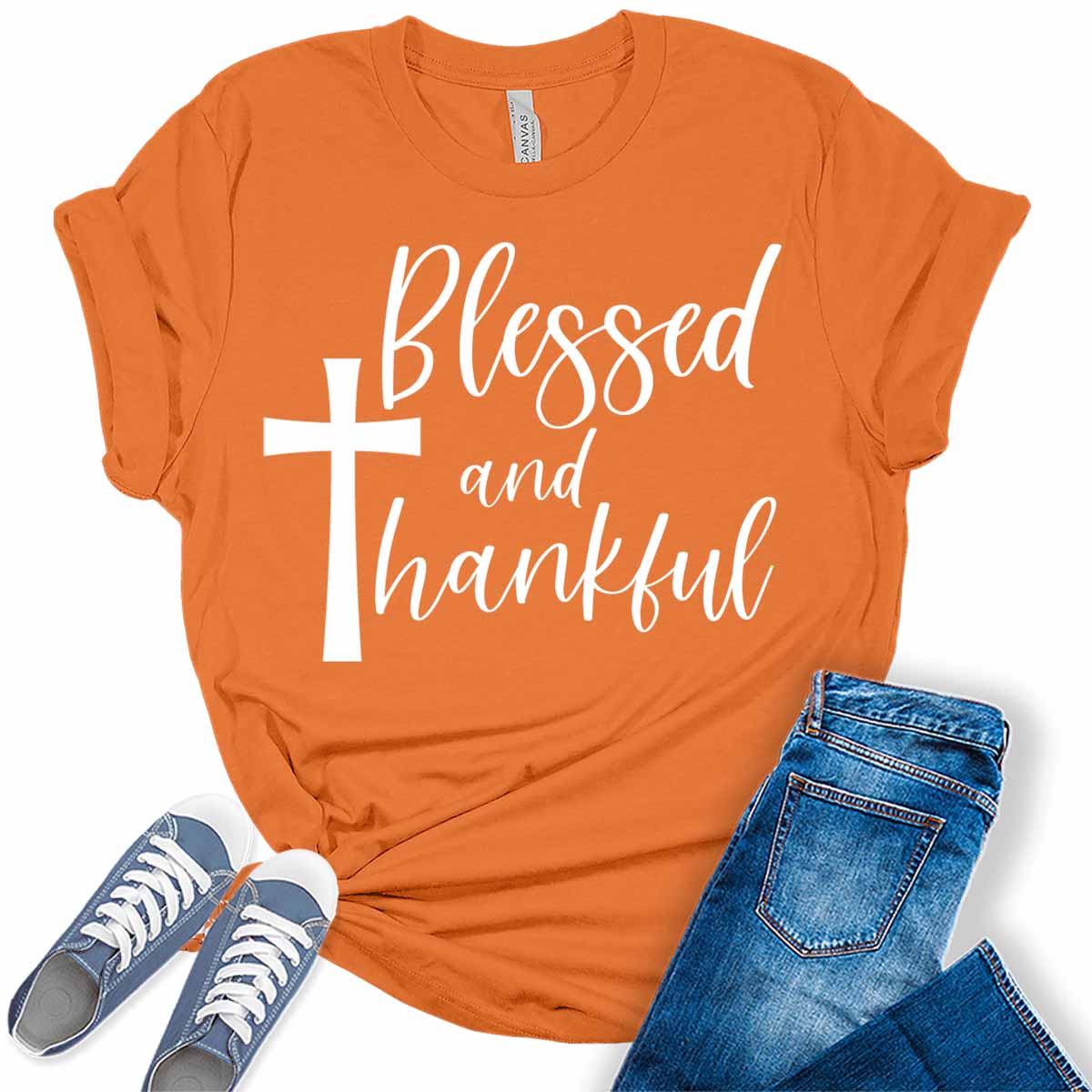 Blessed and Thankful Thanksgiving Shirt for Women Christian Cross Graphic Tee