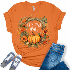 It's Fall Y'all Floral Pumpkin Autumn Wreath Women's Graphic Tee
