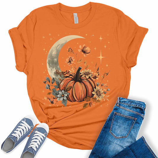 Fall Floral Pumpkin Moon Stars Graphic Tees for Women