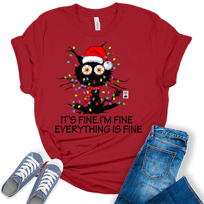 Women's Funny Christmas Shirt It's Fine I'm Fine Everything is Fine T Shirt Christmas Cat Holiday Graphic Tees