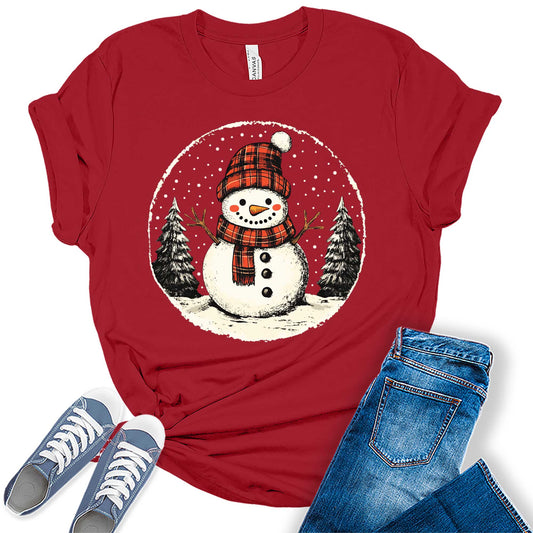 Women's Vintage Snowman Buffalo Plaid Graphic Tees