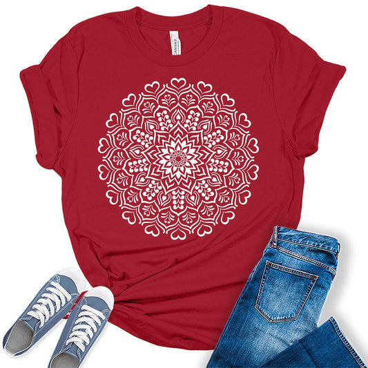 Heart Mandala Shirt Casual Vintage Graphic Tees for Women Short Sleeve Plus Size Summer Tops