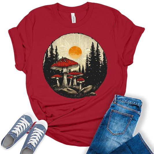 Women's Mushroom Shirt Cottagecore Vintage Summer Sunset Graphic Tees