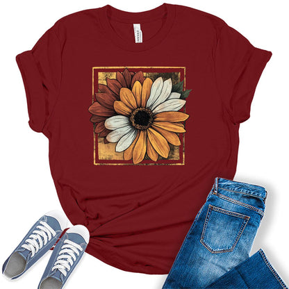 Women's Vintage Sunflower Shirt Fall Graphic Tees Funny Cute Short Sleeve Floral Tops