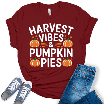 Women's Harvest Vibes Pumpkin Shirt Vintage Thanksgiving Graphic Tees Fall Tops