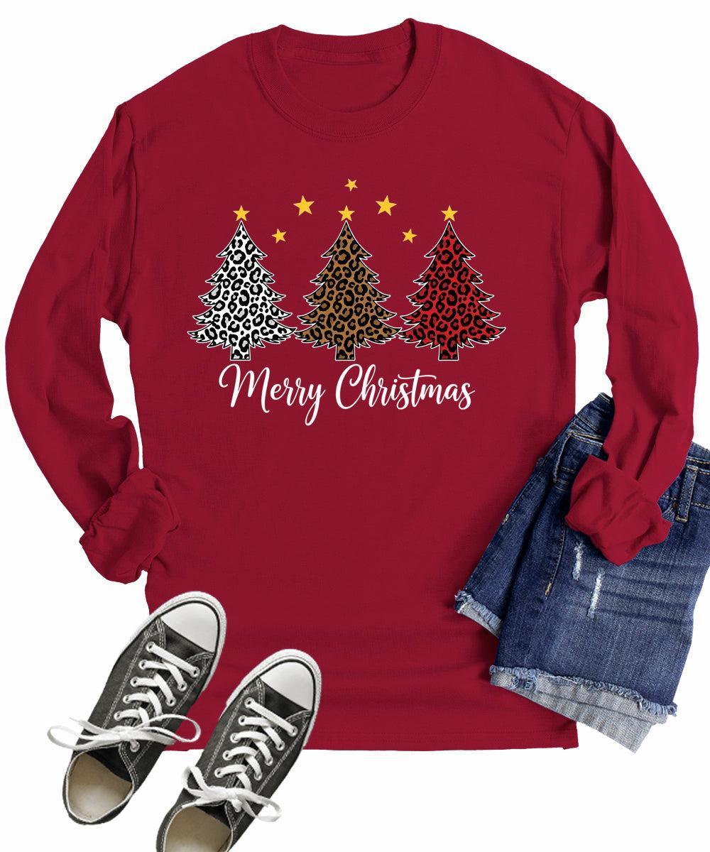 Long Sleeve Christmas Shirts For Women Xmas Merry Christmas Tree T Shirts Leopard Print Plus Size Tops