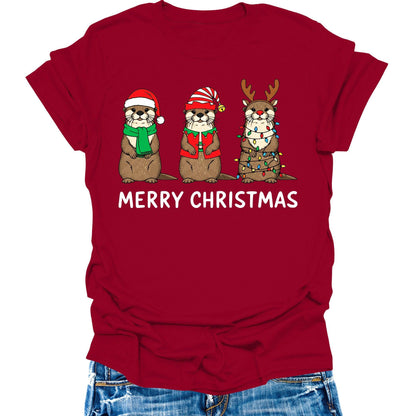 Otter Christmas Shirts For Women Graphic Tees Funny Merry Xmas Casual Short Sleeve Tops