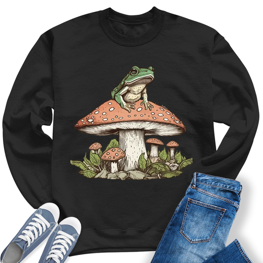 Womens Mushroom Frog Graphic Cottagecore Crewneck Sweatshirt