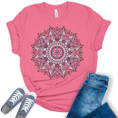 Pink Mandala Shirt Casual Vintage Graphic Tees for Women Short Sleeve Plus Size Summer Tops