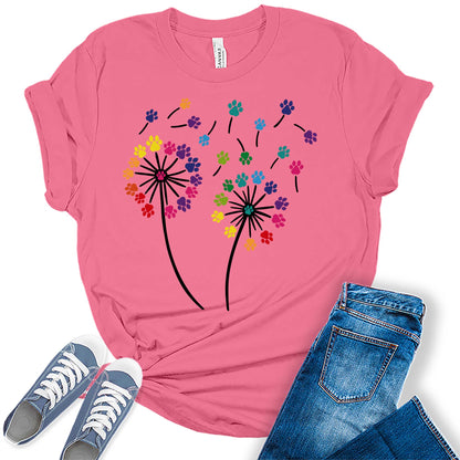 Women's Dandelion Graphic T-Shirts Loose Fit Cute Flower Paw Print Casual Tee Tops