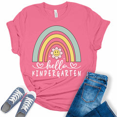 Hello Kindergarten Rainbow Flower Smiley Women's Teacher Graphic Tee
