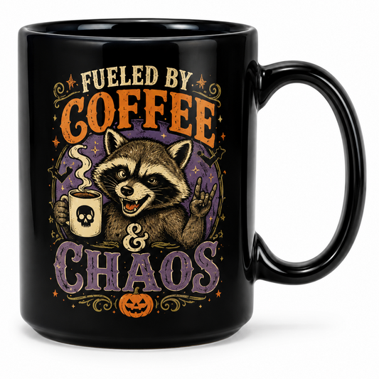 Fueled by Coffee & Chaos Raccoon Halloween Mug – Funny 15oz Black Coffee Mug